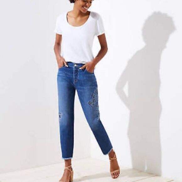 Loft Floral Embroidered Boyfriend Jeans Cropped Raw Hem Blue 4 27 - Picture 4 of 14